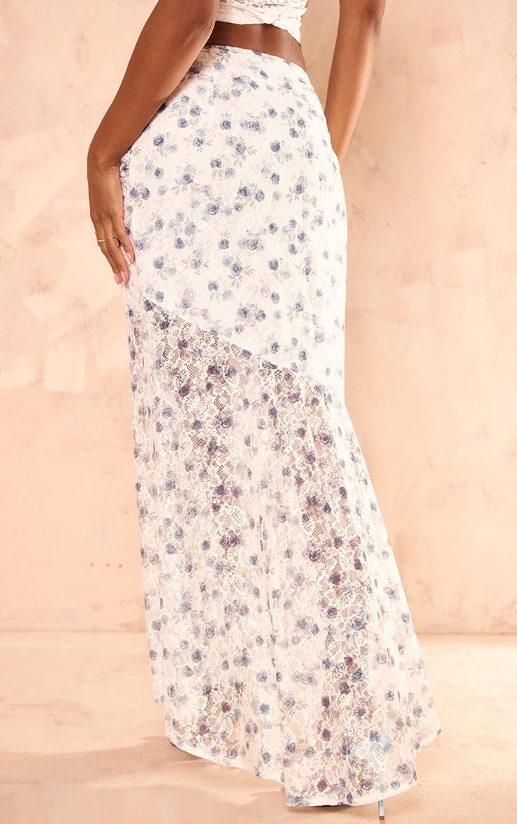 Dusty Blue Floral Printed Lace Frill Hem Maxi Skirt Product Image