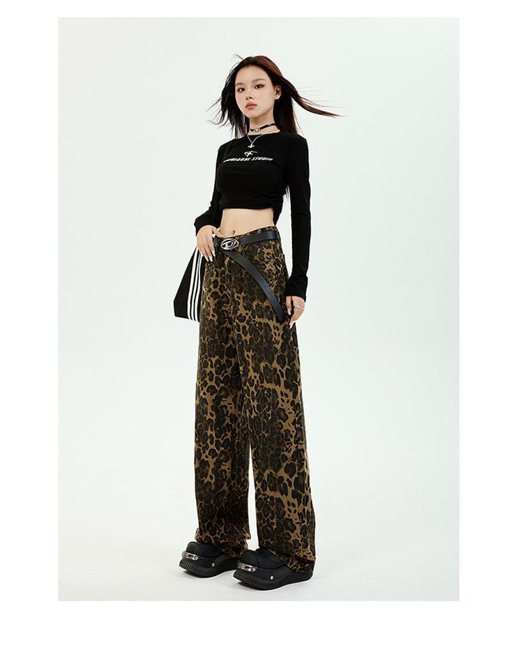 High Rise Leopard Wide Leg Pants Product Image