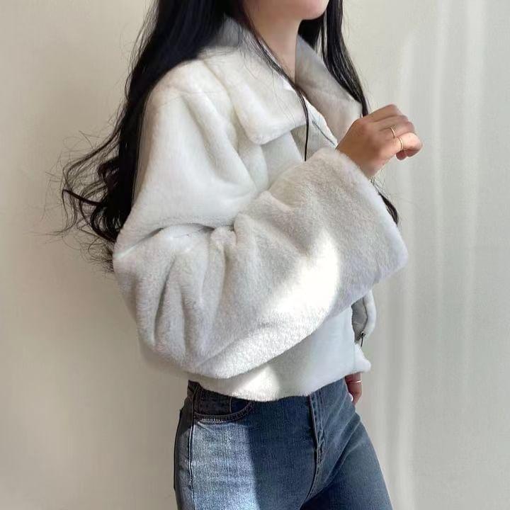 Long Sleeve Collared Zip Up Furry Cropped Jacket Product Image