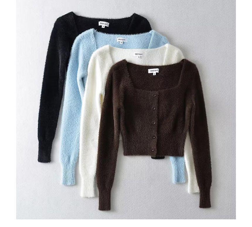 Long-Sleeve Square Neck Plain Button Crop Knit Top Product Image