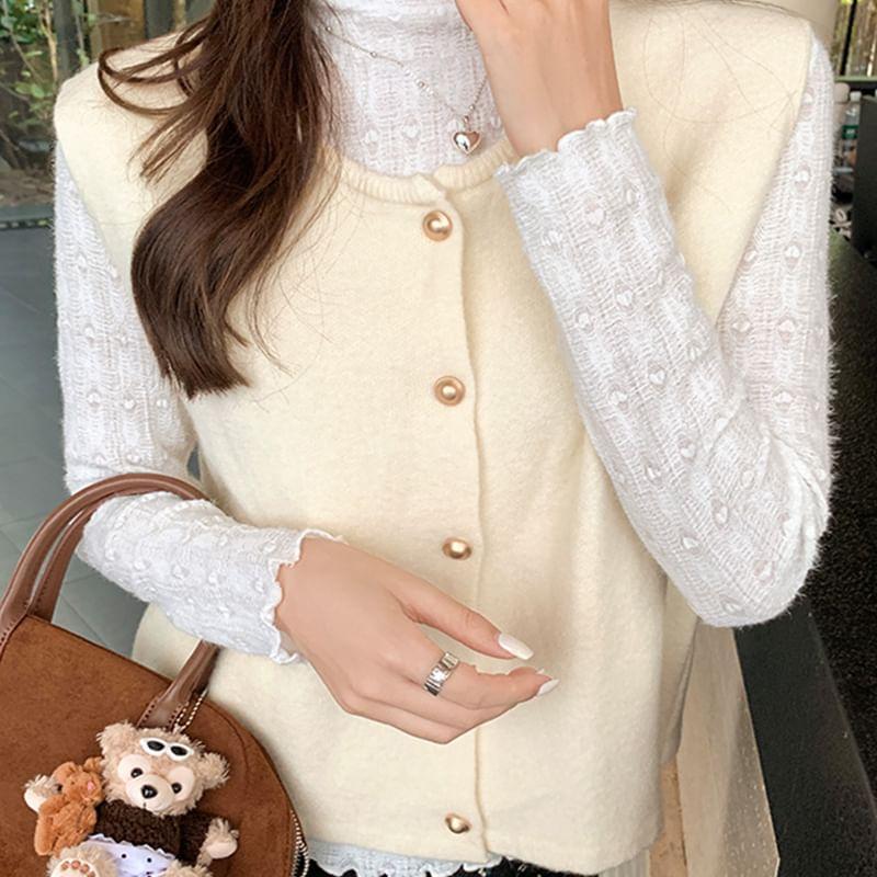 Round Neck Button Up Plain Sweater Vest Product Image