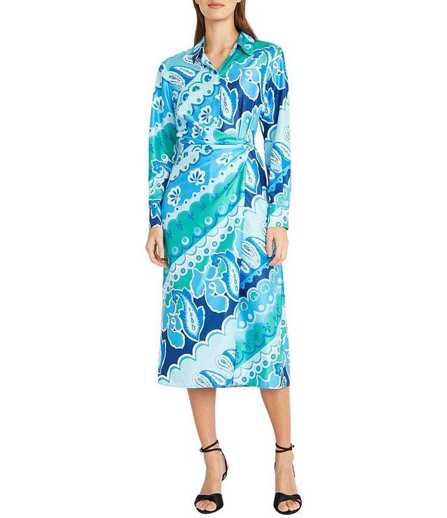 Donna Morgan Printed Collared Neckline Long Sleeve Faux Wrap Midi Shirt Dress Product Image