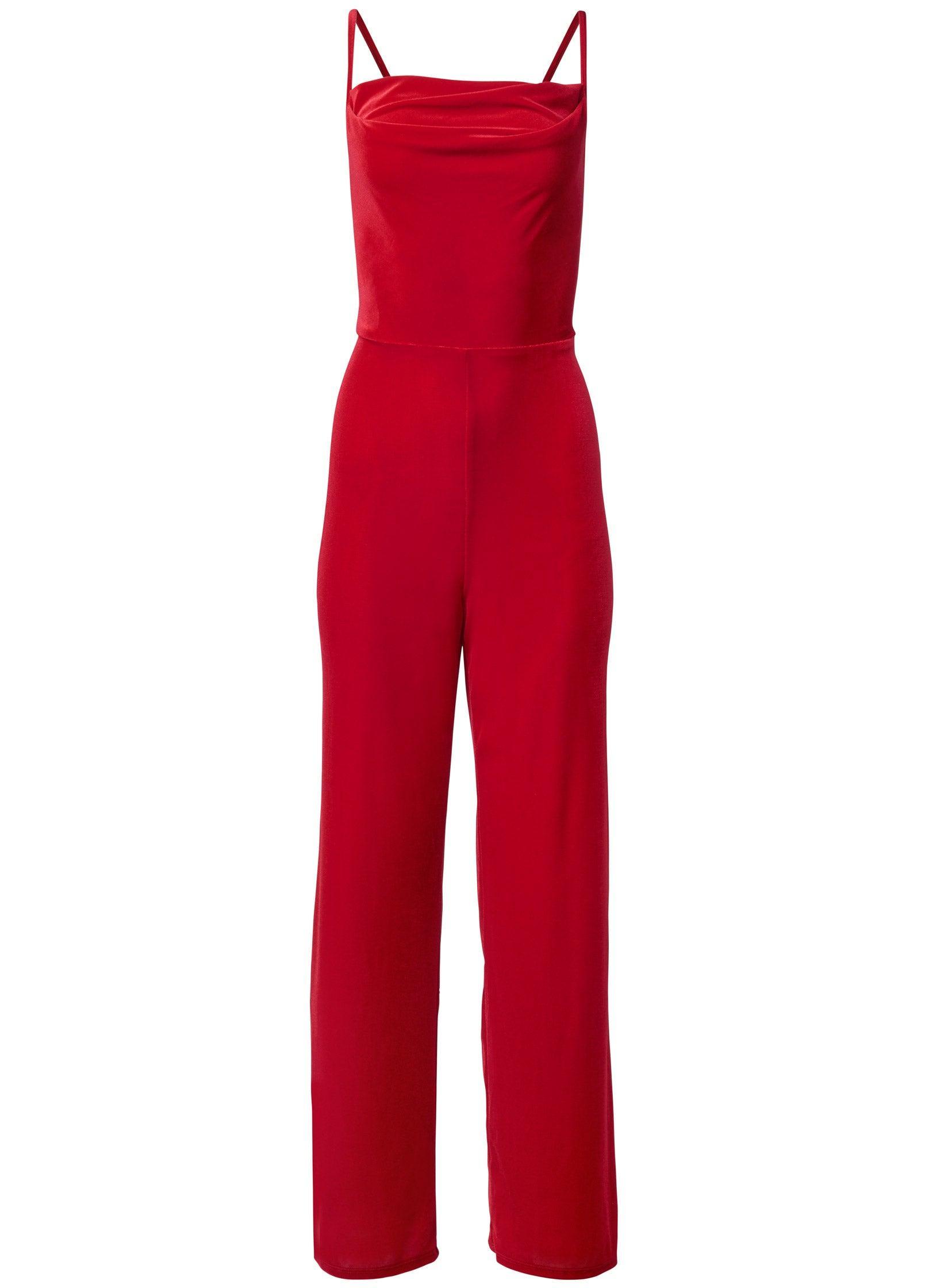 Velvet Cowl-Neck Jumpsuit - Red Product Image