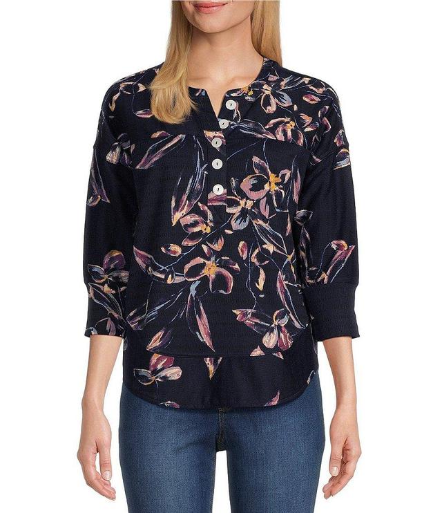 Westbound Brushed Floral Print 3/4 Sleeve Henley Curved Hem Top Product Image