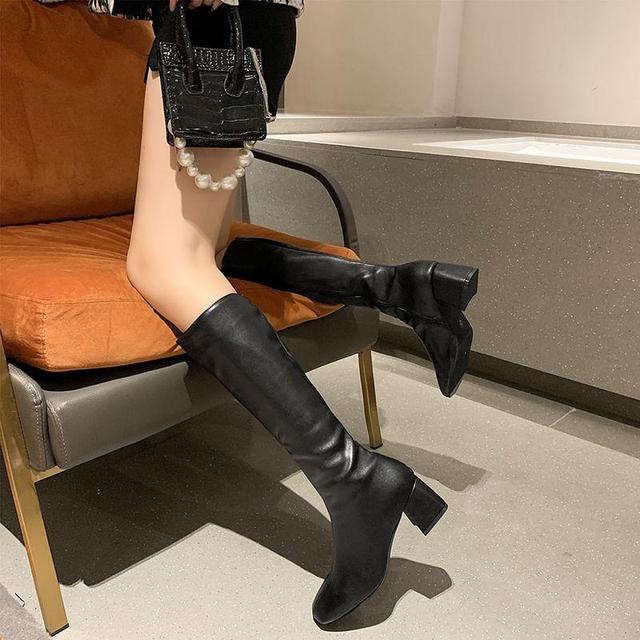 Square Toe Block Heel Knee High Boots Product Image