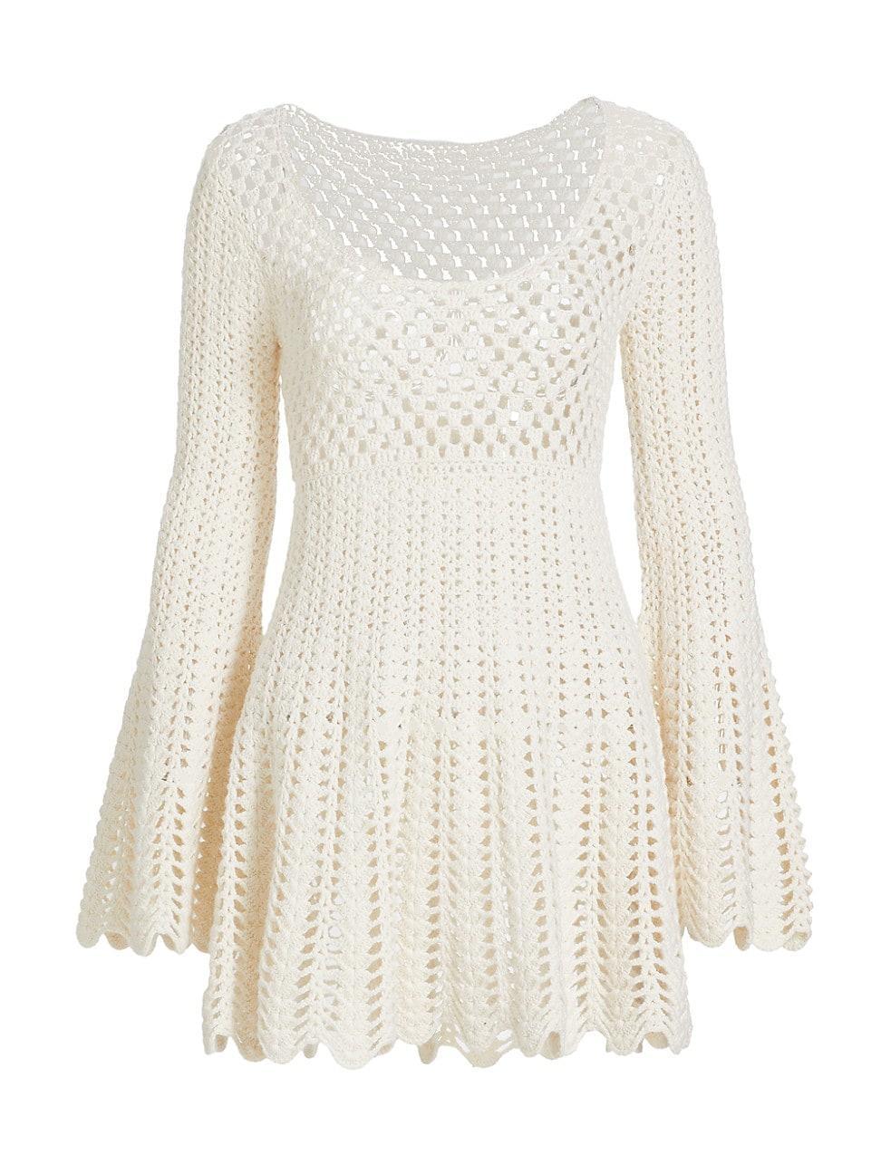 Womens Cotton-Cashmere Crochet Bell-Sleeve Minidress Product Image