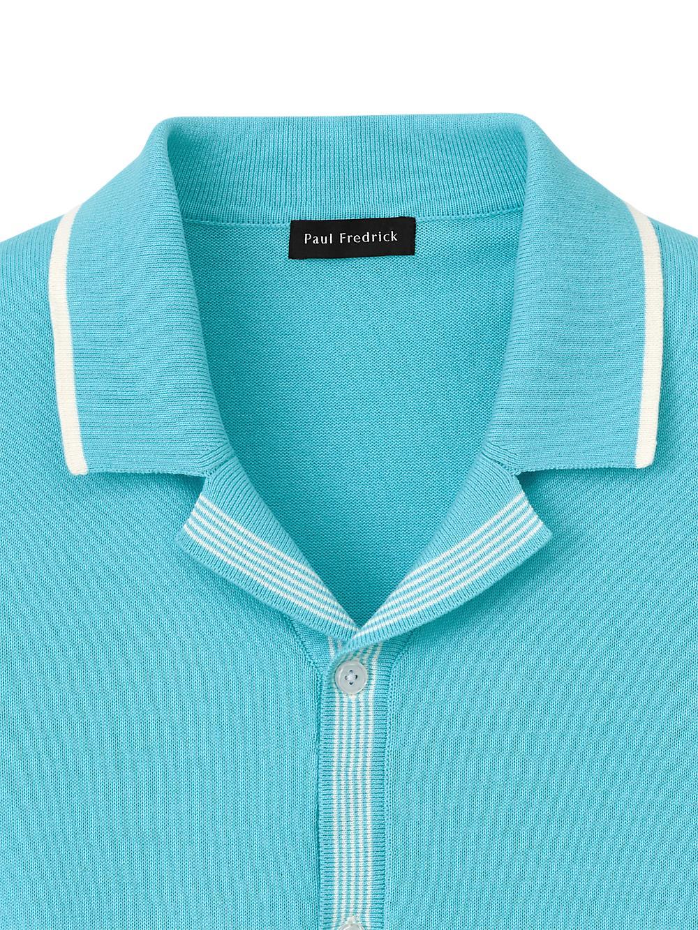 Cotton Button Front Camp Collar Sweater - Aqua Product Image