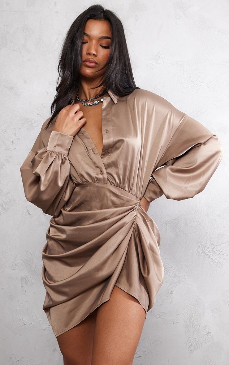 Taupe Satin Drape Skirt Oversized Sleeve Shirt Dress Product Image