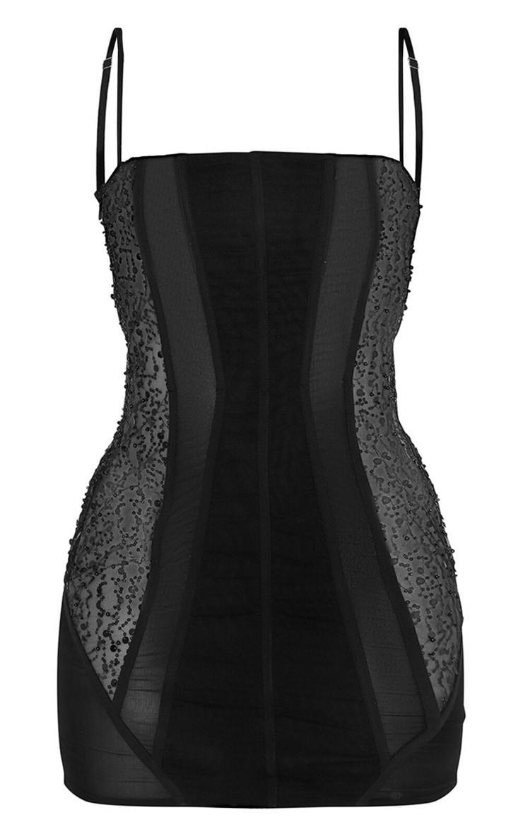 Black Sheer Sequin Panel Corset Strappy Bodycon Dress Product Image