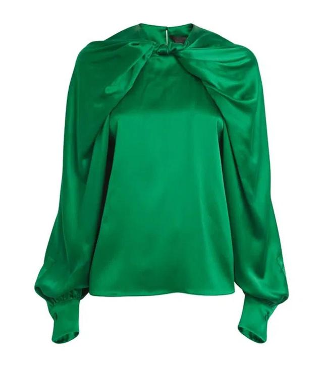 Silk Bow-detail Blouse In Green Product Image