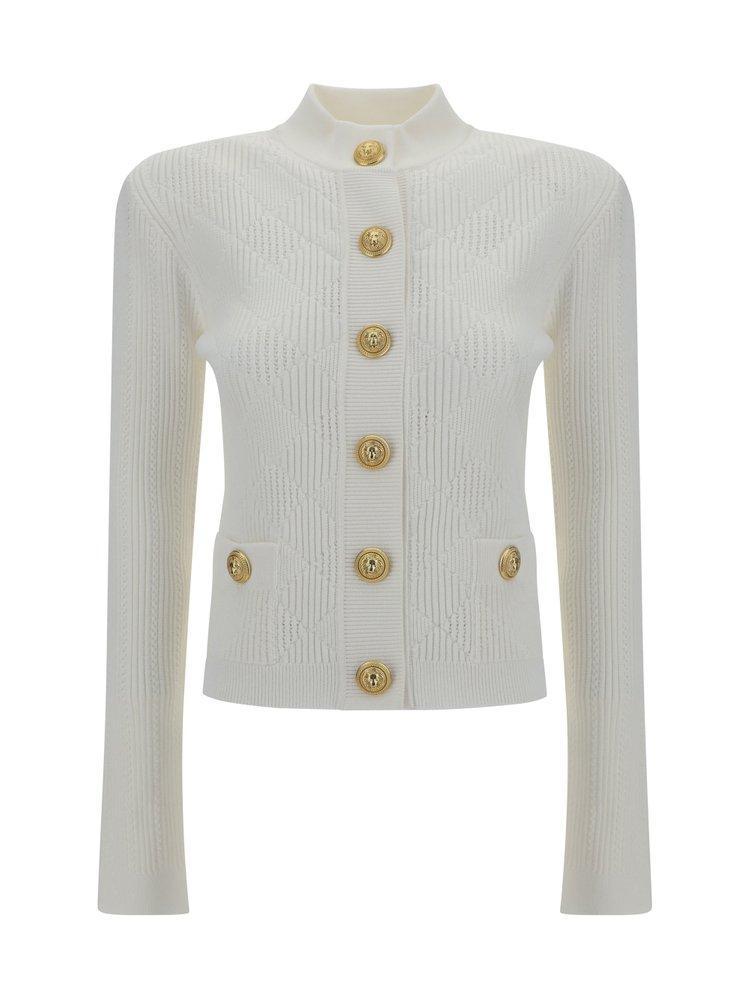 Close Fit Perforated Knit Cardigan In White Product Image