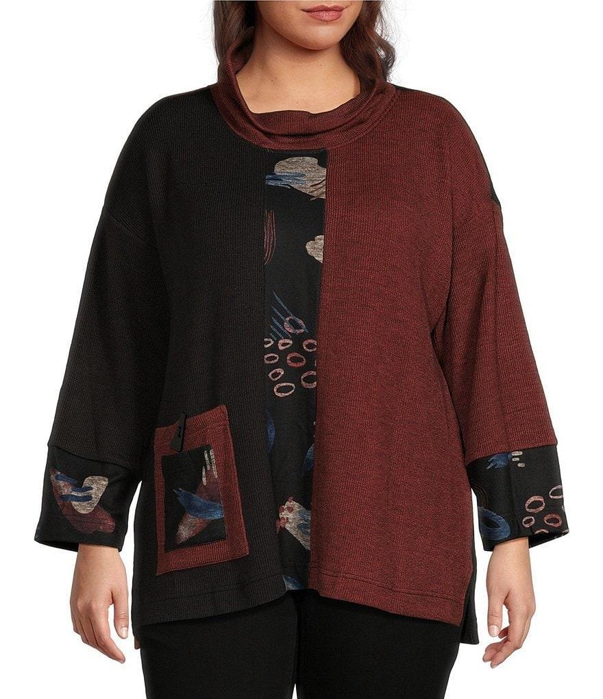 Ali Miles Plus Size Textured Ribbed Knit Color Block Print Cowl Neck 3/4 Sleeve Tunic Product Image