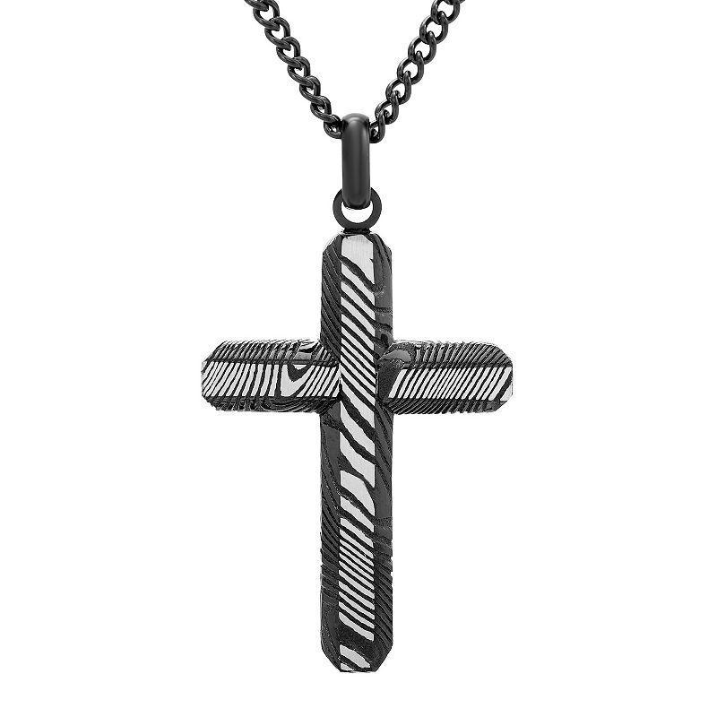 Mens Boston Bay Diamonds Black Damascus Steel Cross Pendant Necklace Product Image