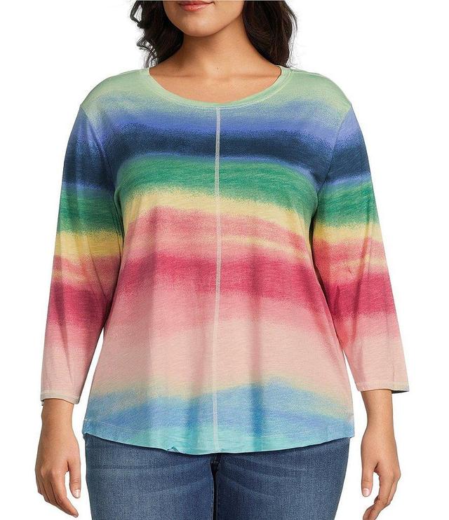 Westbound Plus Size Dip Dye 3/4 Sleeve Knit Crew Neck Top Product Image