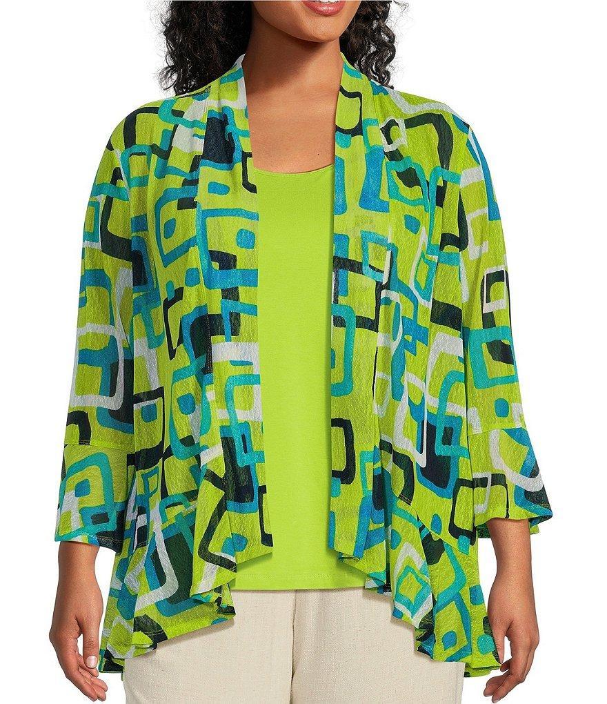 Multiples Plus Size Onionskin Square Multi Print 3/4 Flounce Sleeve Hi-Low Hem Open-Front Jacket Product Image