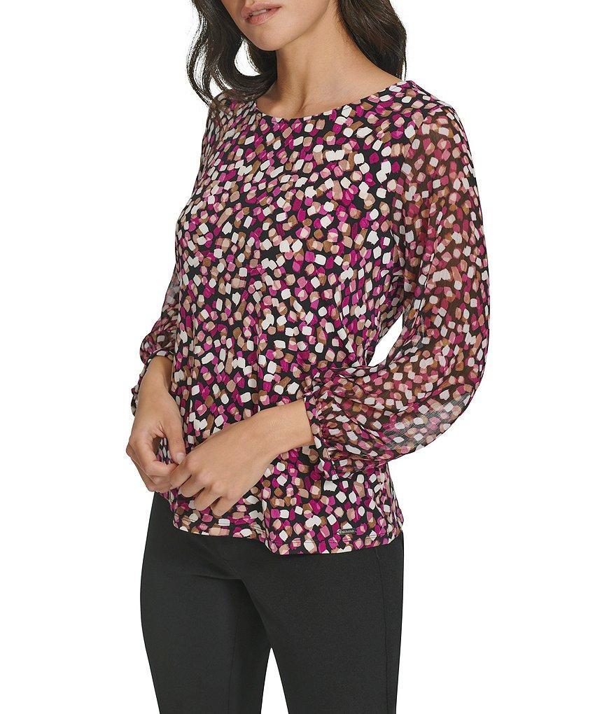 Calvin Klein Stretch Dot Printed Crew Neckline Long Sleeve Blouse Product Image