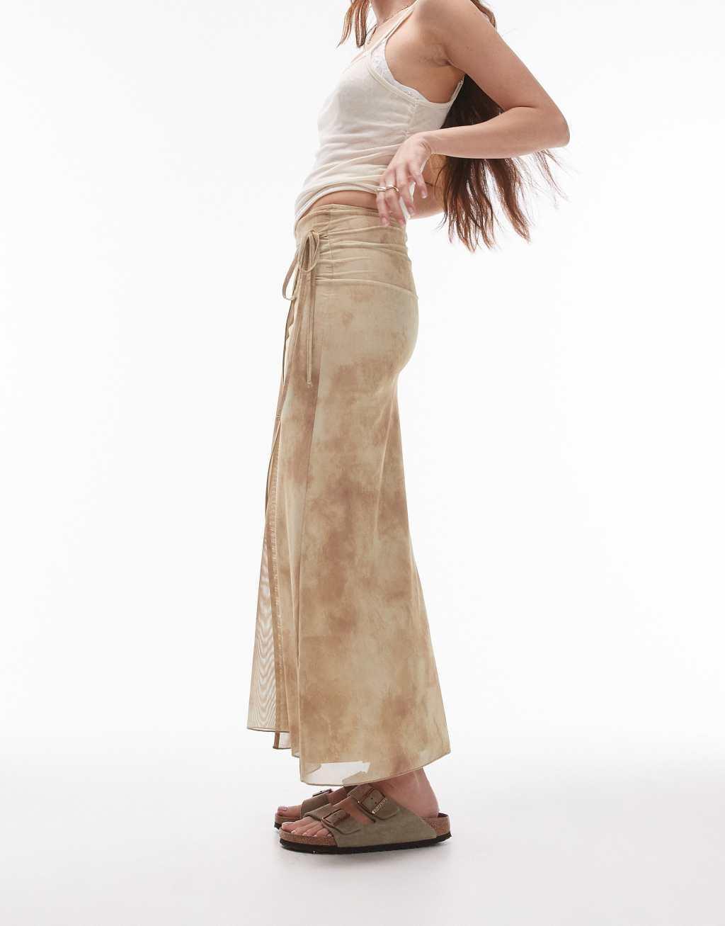 Topshop tie wrap mesh midaxi skirt in soft yellow marble print Product Image