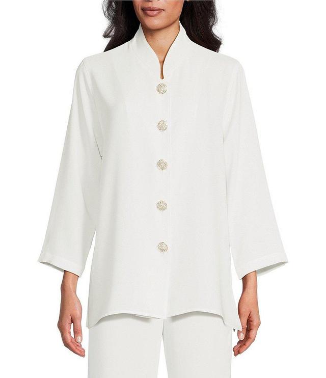 Caroline Rose Matte Crepe Mandarin Collar 3/4 Sleeve Black Rhinestone Button Statement Jacket Product Image