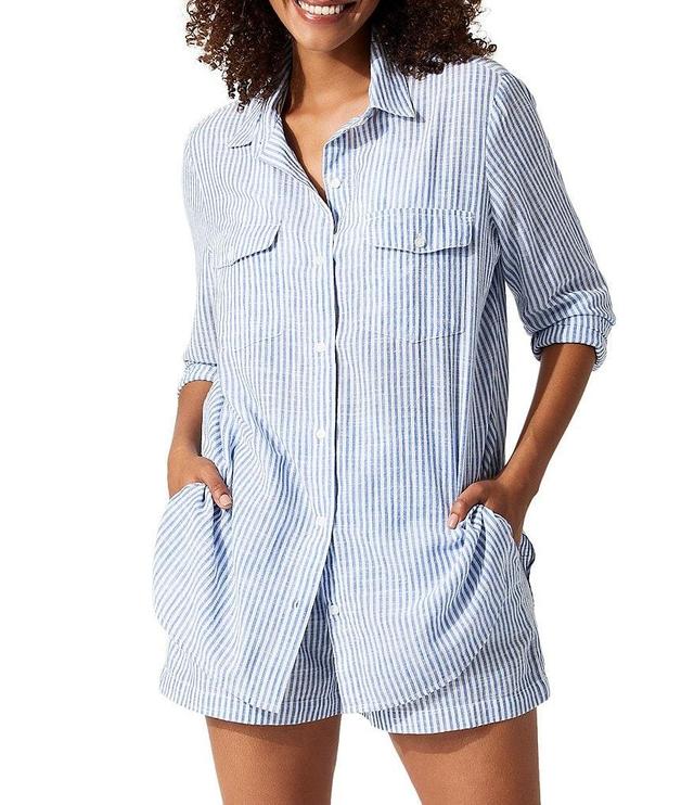 Tommy Bahama Shore Stripe Point Collar Flap Pocket Button Front Swim Shirt Cover-Up Product Image