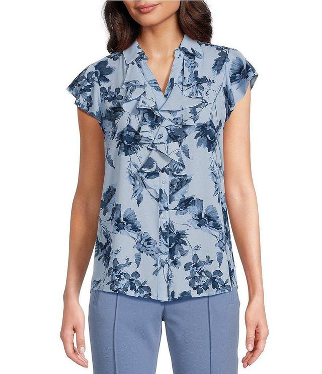 Calvin Klein Floral Print Ruffle Button Front Blouse Product Image