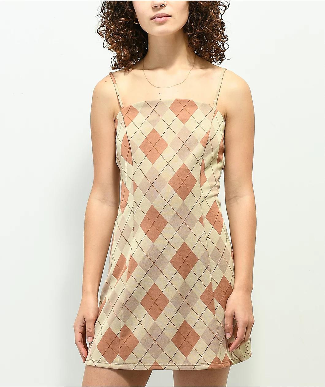 Spicychix Tan & Brown Argyle Plaid Mini Dress Product Image