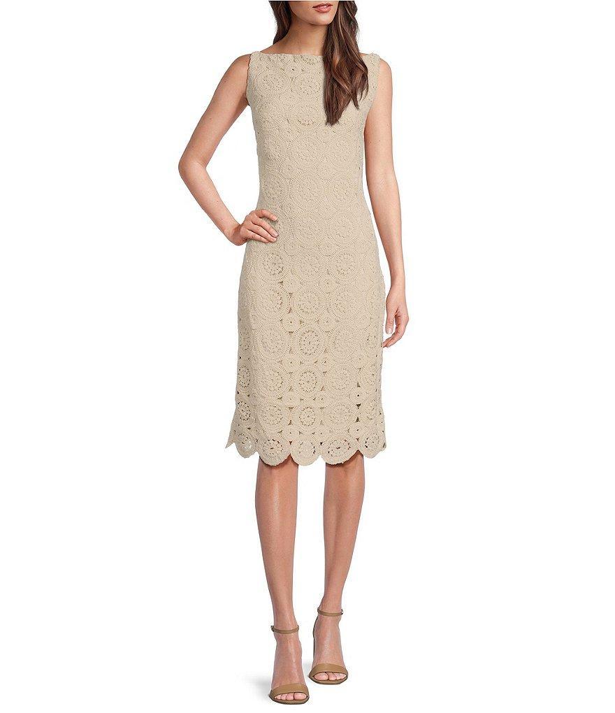 Donna Karan Sleeveless Boat Neck Crochet Lace Dress Product Image