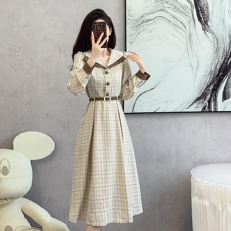 Long-Sleeve Collared Plaid Midi A-Line Dress Product Image