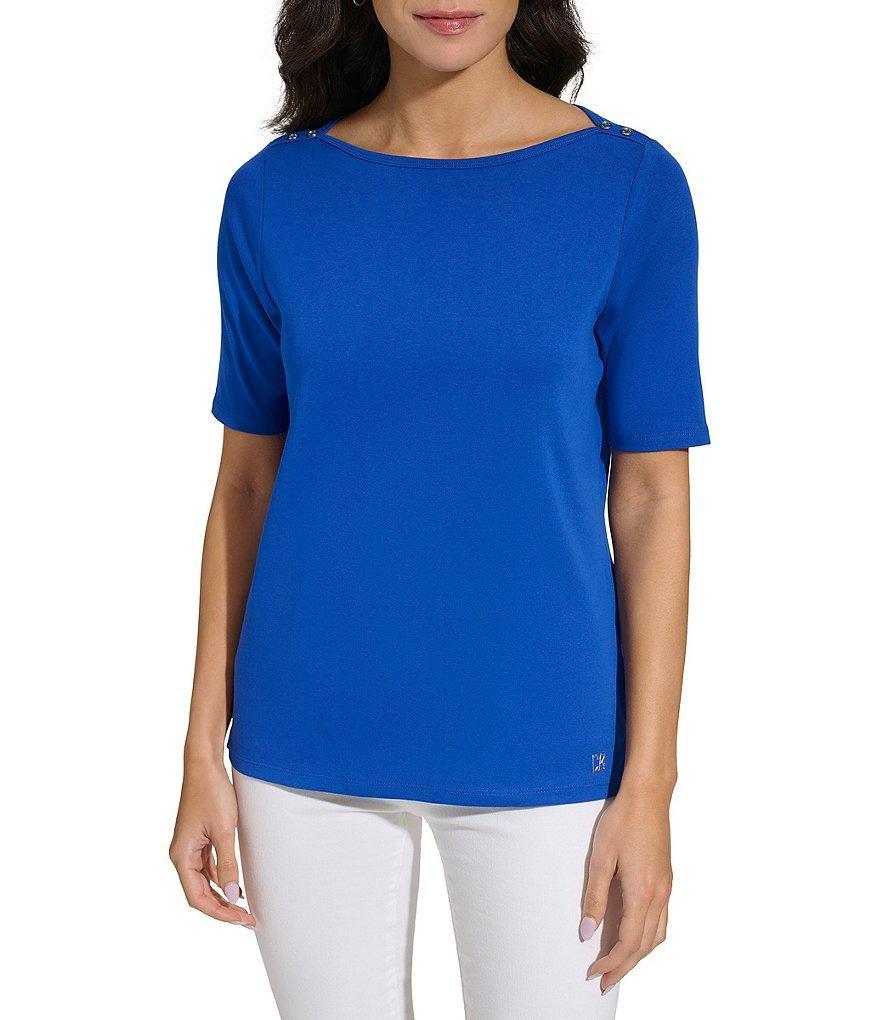 Calvin Klein Boat Neck Button Shoulder Detail Short Sleeve Tee Product Image