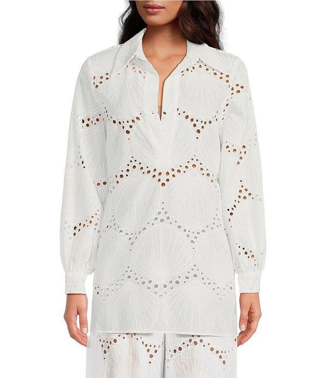 COREY LYNN CALTER Shadi Shell Pattern Eyelet Split Neck Point Collar Long Sleeve Tunic Product Image