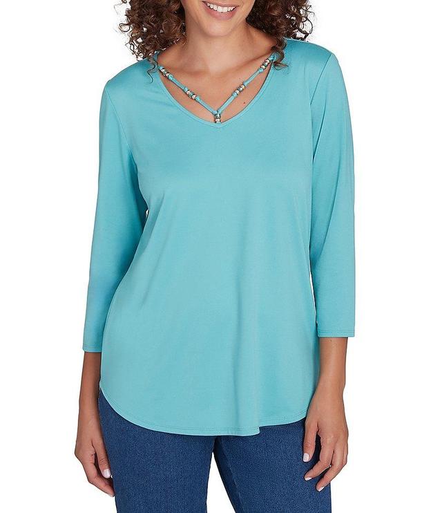 Ruby Rd. Knit Embellished Scoop Neck 3/4 Sleeve Solid Top Product Image