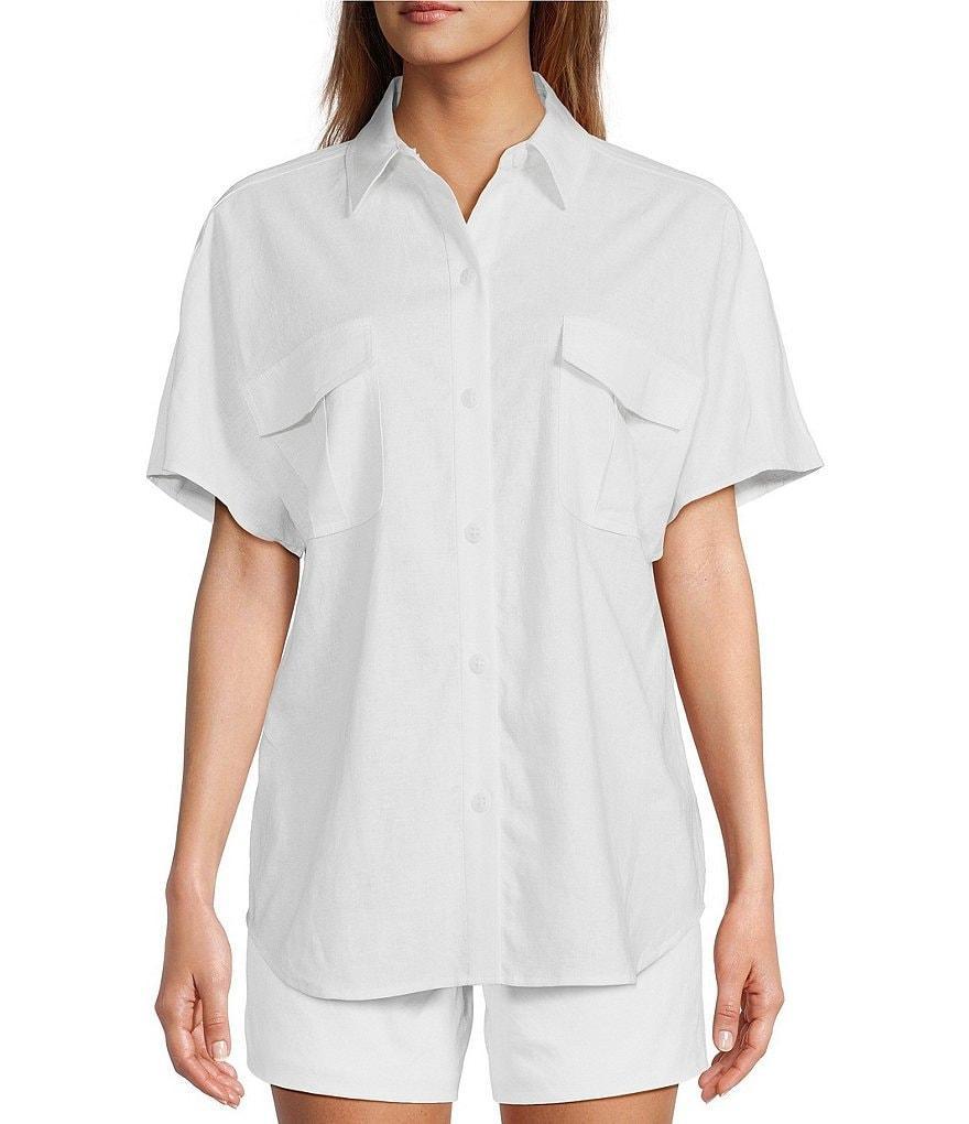 Trina Turk Vara Linen-Blend Point Collar Short Sleeve Cargo Pocket Coordinating Button Front Top Product Image