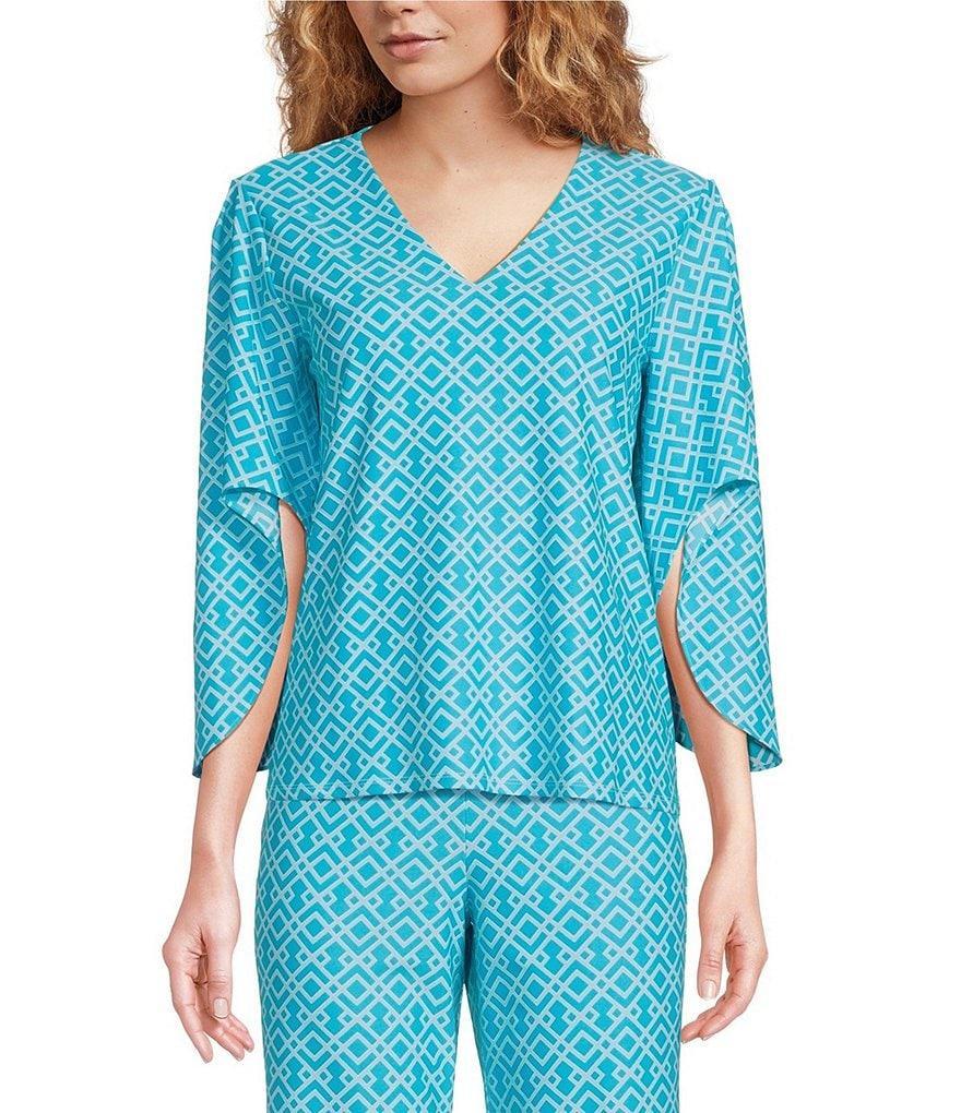 Jude Connally Daniella Stretch Knit Trellis Trio Aqua Print 3/4 Flutter Sleeve Coordinating V-Neck Top Product Image