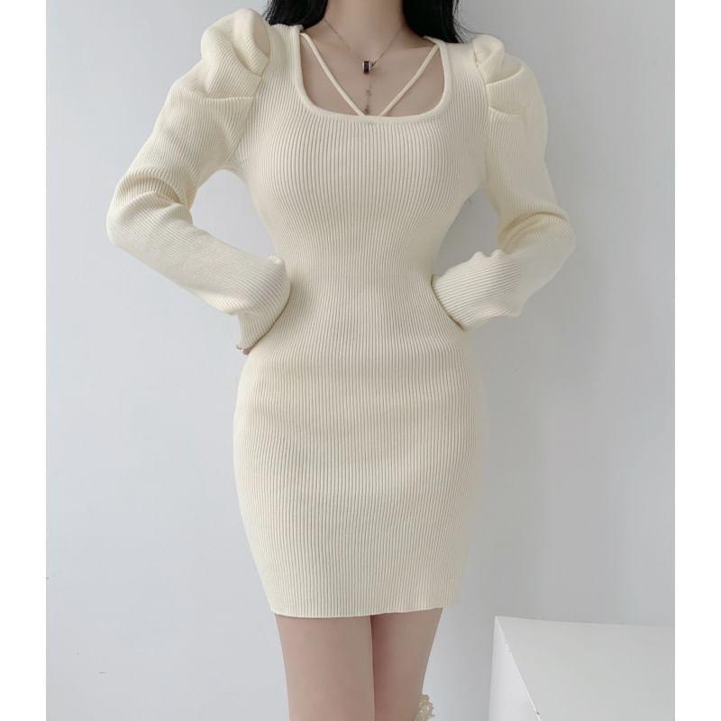 Long-Sleeve Square Neck Plain Ribbed Mini Sheath Knit Dress Product Image