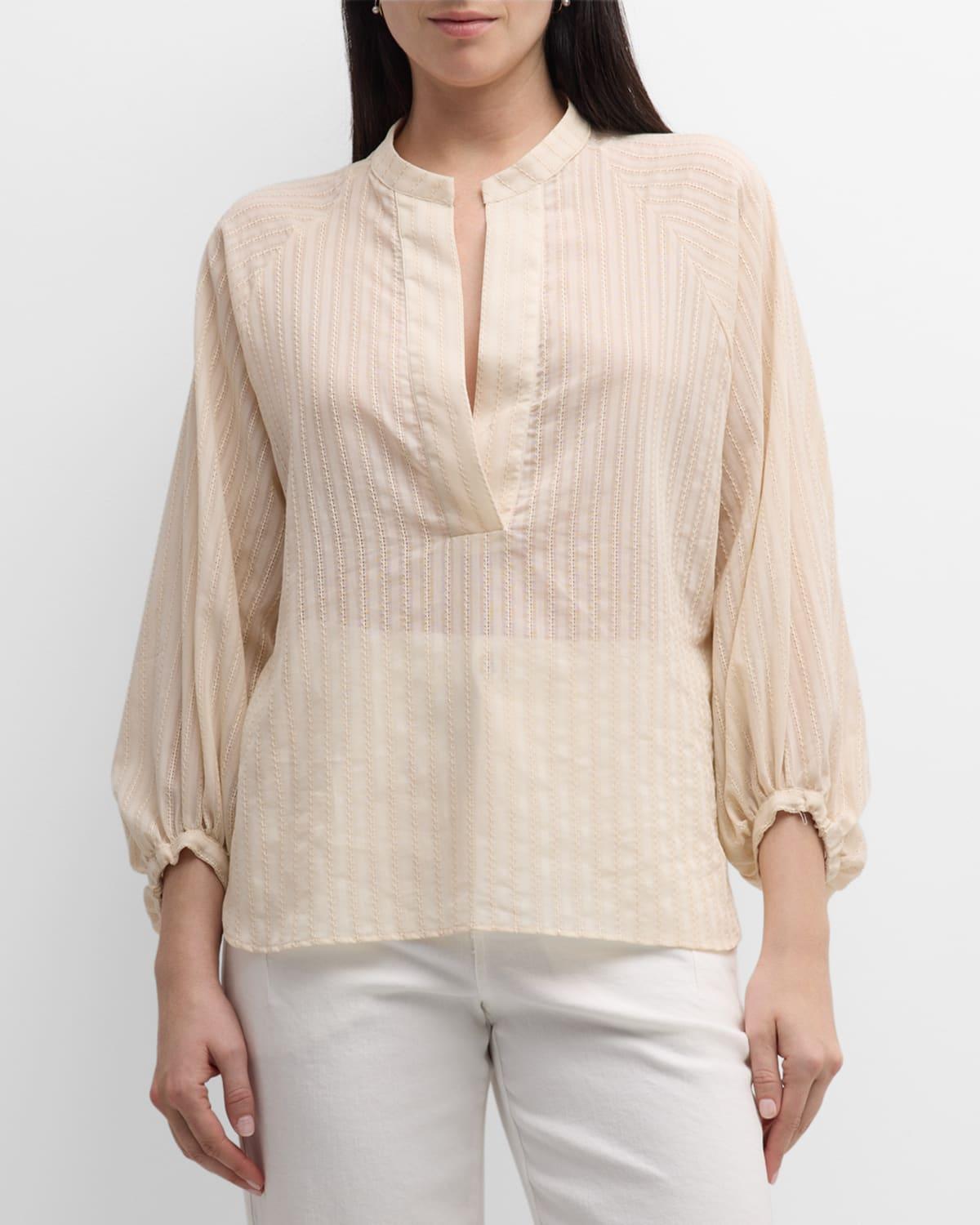 Blouson-Sleeve Textured Striped Cotton Shirt Product Image