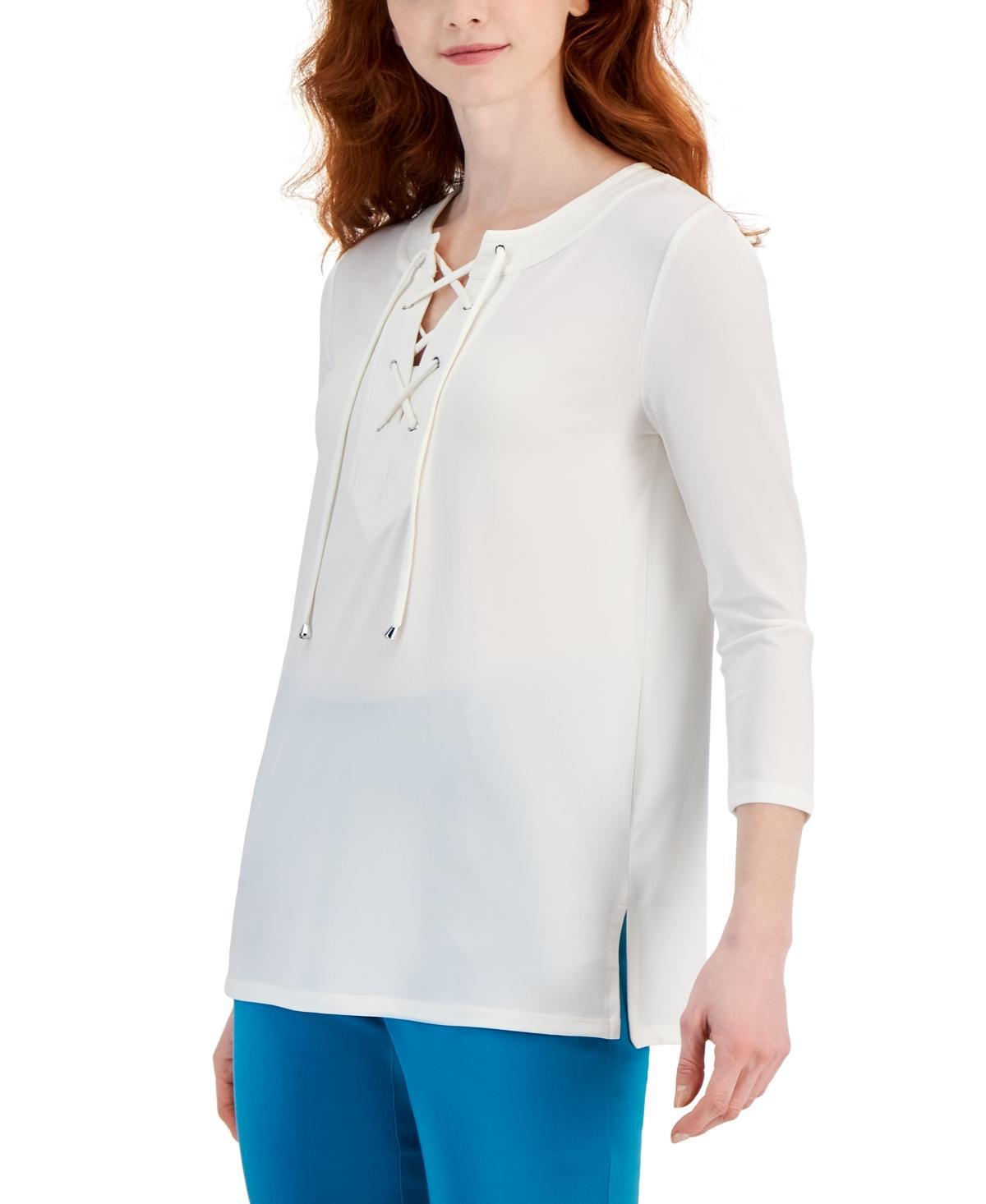 Jm Collection Womens Solid 3/4 Sleeve Lace-Up Knit Top, Created for Macys Product Image