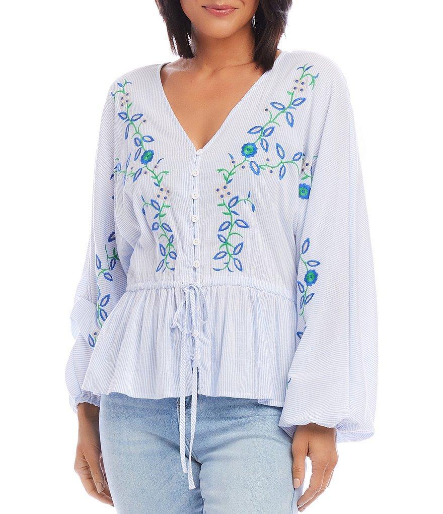 Karen Kane Embroidered Drawstring V-Neck Button Front Blouse Product Image