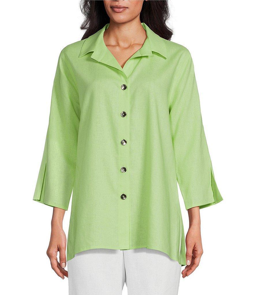 Caroline Rose Linen-Blend Point Collar 3/4 Sleeve Button-Front Breezy Shirt Product Image