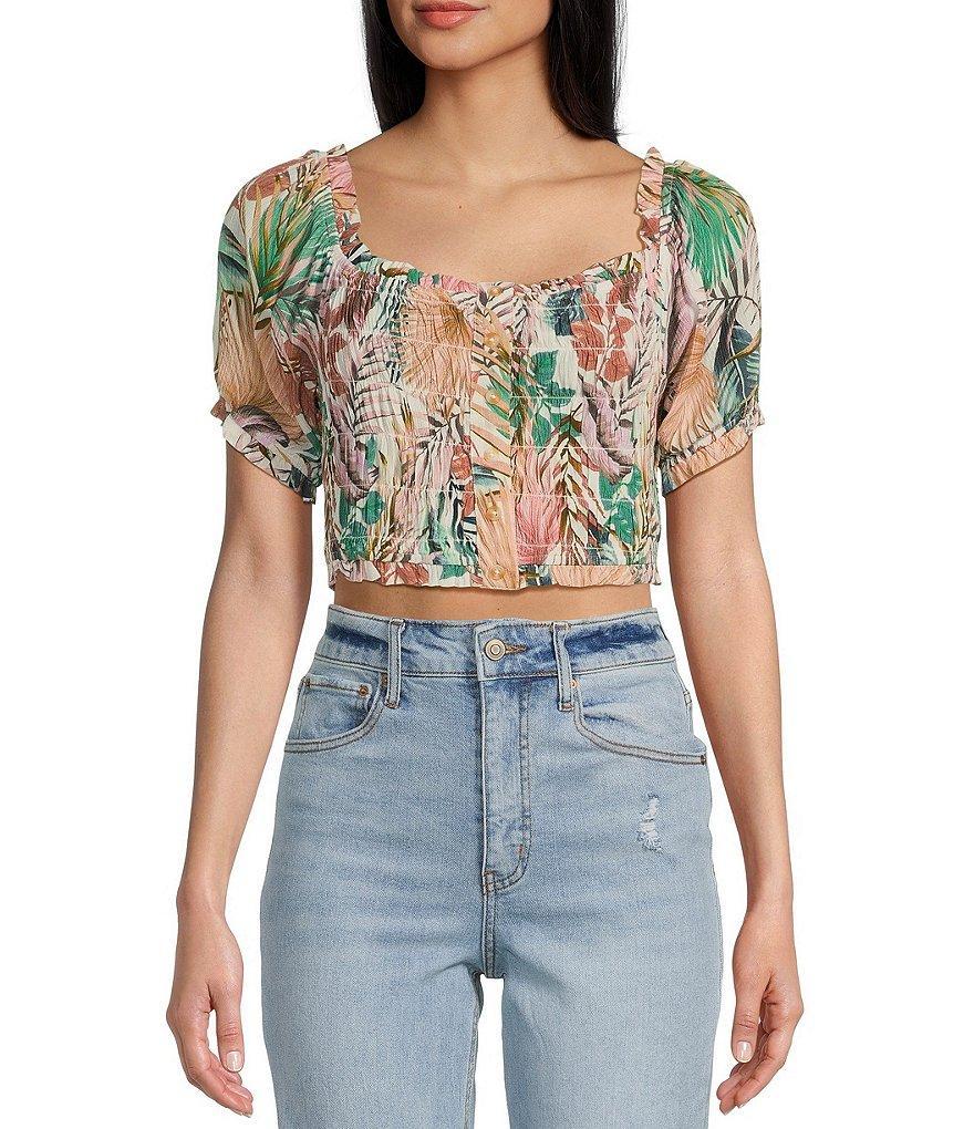 Hurley Palmetto Sunset Floral Print Short Puff Sleeve Smocked Crop Top product image