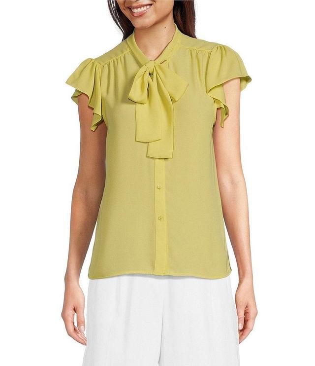 Calvin Klein Woven Ruffle Cap Sleeve Tie Neck Blouse Product Image