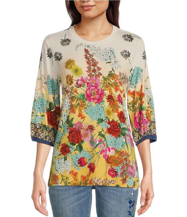 JOHNNY WAS Delite Bamboo Knit Floral Print Scoop Neck Elbow Puff Sleeve Top Product Image