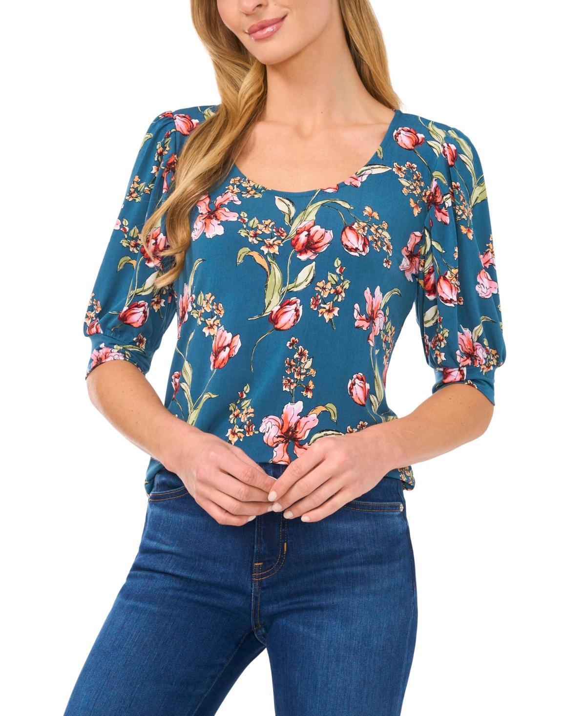 CeCe Womens Floral Crew Neck Knit Puff Sleeve Top Product Image