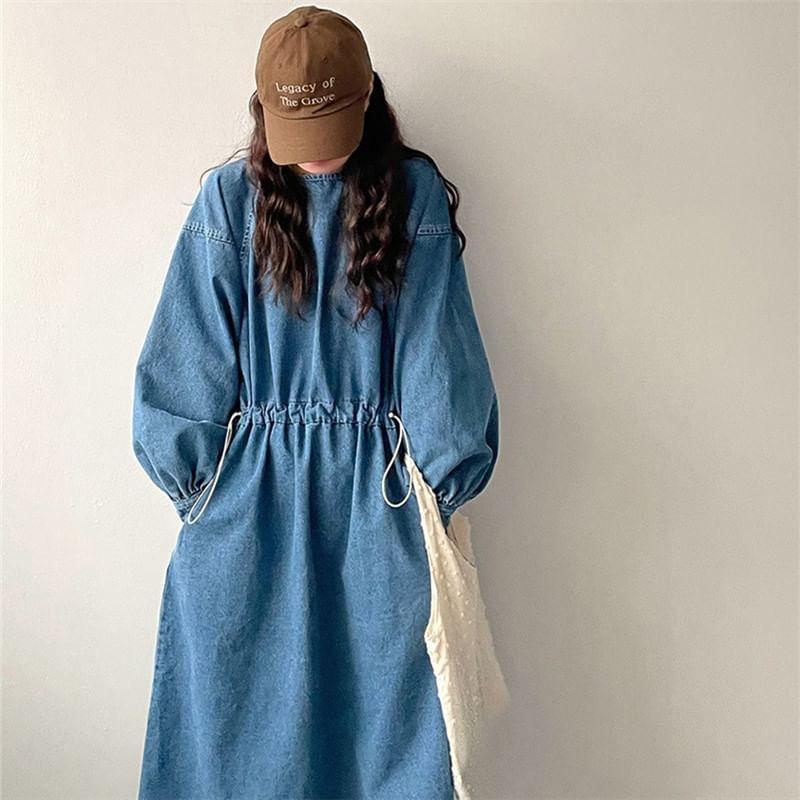 Long-Sleeve Round Neck Drawstring Waist Denim Midi A-Line Dress Product Image