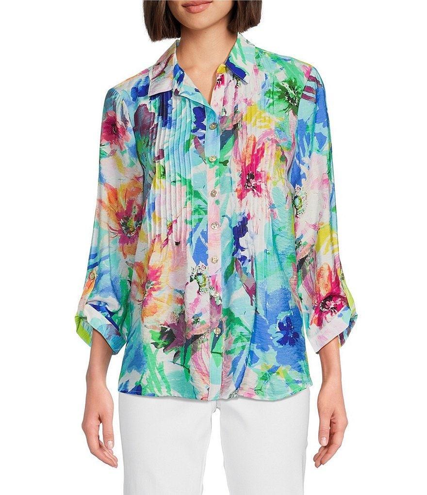 Ali Miles Woven Abstract Floral Print Point Collar 3/4 Roll Tab Sleeve Button Front Tunic Product Image