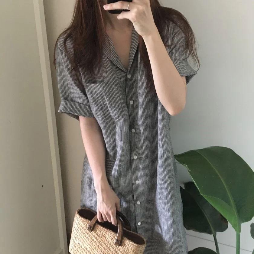 Short-Sleeve Striped Midi Shirt Dress Product Image