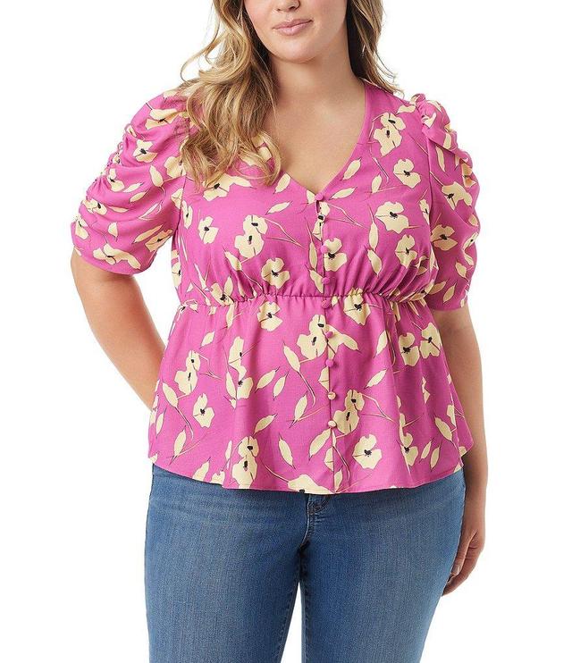 Jessica Simpson Plus Jensine Petals Print Short Sleeve Empire-Waist Blouse Product Image