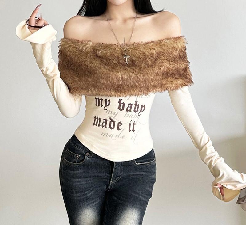 Long-Sleeve Off-Shoulder Lettering Print Fluffy Panel Slim Fit Crop Tee Product Image