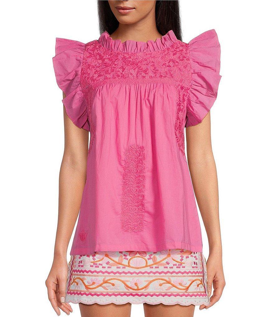 J.Marie Wrin Woven Embroidered Cap Sleeve Ruffled Trim Top Product Image