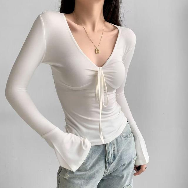 Flared-Cuff V-Neck Plain Tie-Front T-Shirt Product Image