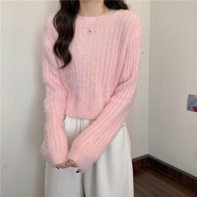 Crew Neck Plain Fluffy Sweater Product Image