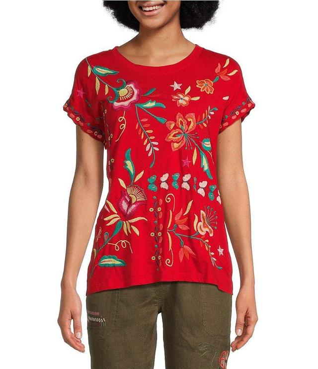 JOHNNY WAS Averi Knit Crew Neck Short Sleeve Embroidered Relaxed Tee Shirt Product Image